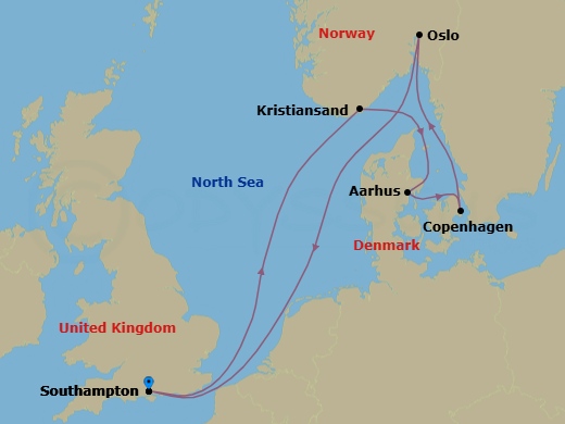 7 Night - Northern Europe - MSC Meraviglia - Starting in Southampton (London), United Kingdom, Kristiansand, Norway, Aarhus, Denmark, Copenhagen, Denmark, Oslo, Norway, Southampton (London), United Kingdom itinerary map