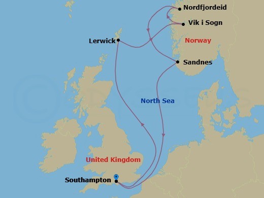 7 Night - Northern Europe - MSC Meraviglia - Starting in Southampton (London), United Kingdom, Lerwick (Shetland Islands), United Kingdom, Vik I Sogn, Norway, Nordfjordeid, Norway, Sandnes, Norway, Southampton (London), United Kingdom itinerary map