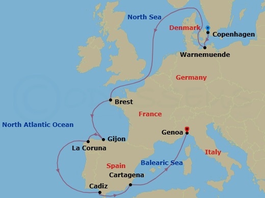11 Night - Northern Europe - MSC Splendida - Starting in Copenhagen, Denmark, Warnemunde (Berlin), Germany, Brest, France, Gijon, Spain, La Coruna (Santiago De Compostela), Spain, Cadiz (Seville), Spain, Cartagena ES, Spain, Genoa (Portofino), Italy itinerary map