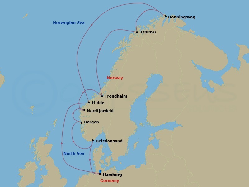 12 Night - Northern Europe - MSC Preziosa - Starting in Hamburg, Germany, Molde, Norway, Honningsvag (North Cape), Norway, Tromso, Norway, Trondheim, Norway, Nordfjordeid, Norway, Bergen, Norway, Kristiansand, Norway, Hamburg, Germany itinerary map
