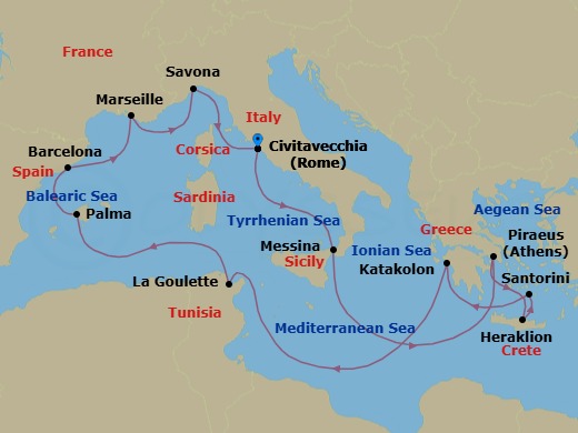 14 Night - Western Mediterranean Roundtrip from Rome (Civitavecchia) - Costa Favolosa - Starting in Civitavecchia (Rome), Messina (Taormina), Piraeus (Athens), Heraklion (Crete), Thira (Santorini), Katakolon (Olympia), La Goulette (Tunis), Palma De Mallorca, Barcelona, Marseille, Savona, Civitavecchia (Rome) itinerary map