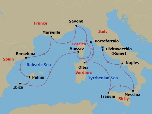 14 Night - Western Mediterranean Roundtrip from Rome (Civitavecchia) - Costa Favolosa - Starting in Civitavecchia (Rome), Naples, Messina (Taormina), Trapani, Olbia (costa Smeralda), Portoferraio, Ajaccio (Corsica), Ibiza, Palma De Mallorca, Barcelona, Marseille, Savona, Civitavecchia (Rome) itinerary map
