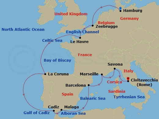 13 Night - Cruise from Hamburg to Rome (Civitavecchia) - Costa Favolosa - Starting in Hamburg, Zeebrugge (Bruges), Le Havre, La Coruna (Santiago de Compostela), Cadiz, Malaga, Barcelona, Marseille, Savona, Civitavecchia (Rome) itinerary map