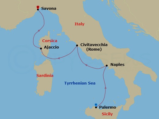 4 Night - Western Mediterranean from Palermo - Costa Fascinosa - Starting in Palermo, Naples, Civitavecchia (Rome), Ajaccio (Corsica), Savona itinerary map