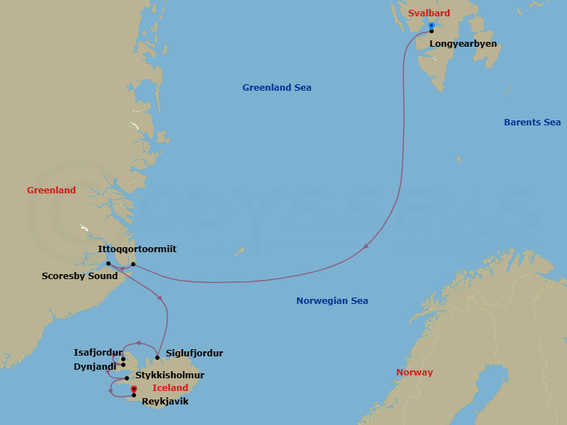 17 Night - Longyearbyen to Reykjavik - Silver Endeavour - Starting in Longyearbyen, Svalbard Northern Region, Ittoqqortoormiit, Scoresby Sund, Siglufjordur, Isafjordur, Dynjandi Waterfalls, Stykkisholmur, Reykjavik itinerary map