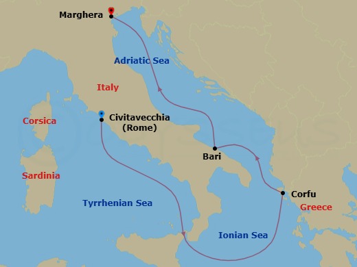 4 Night - Eastern Mediterranean from Civitavecchia (Rome) - Costa Deliziosa - Starting in Civitavecchia (Rome), Corfu, Bari, Marghera (Venice) itinerary map