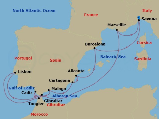 12 Night - Western Mediterranean from Savona - Costa Diadema - Starting in Savona, Barcelona, Alicante, Cartagena ES, Malaga, Tangier, Cadiz, Gibraltar, Lisbon, Marseille, Savona itinerary map