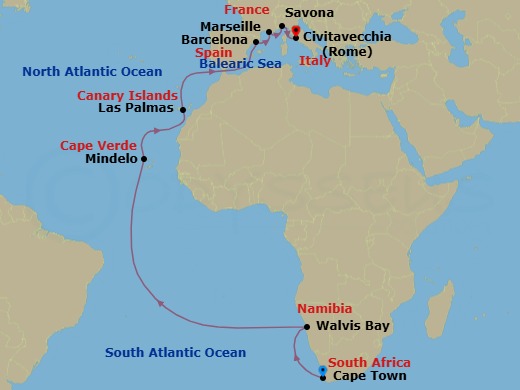 20 Night - Round World from Cape Town - Costa Deliziosa - Starting in Cape Town, Walvis Bay, Mindelo (Sao Vicente), Las Palmas (Gran Canaria), Barcelona, Marseille, Savona, Civitavecchia (Rome) itinerary map