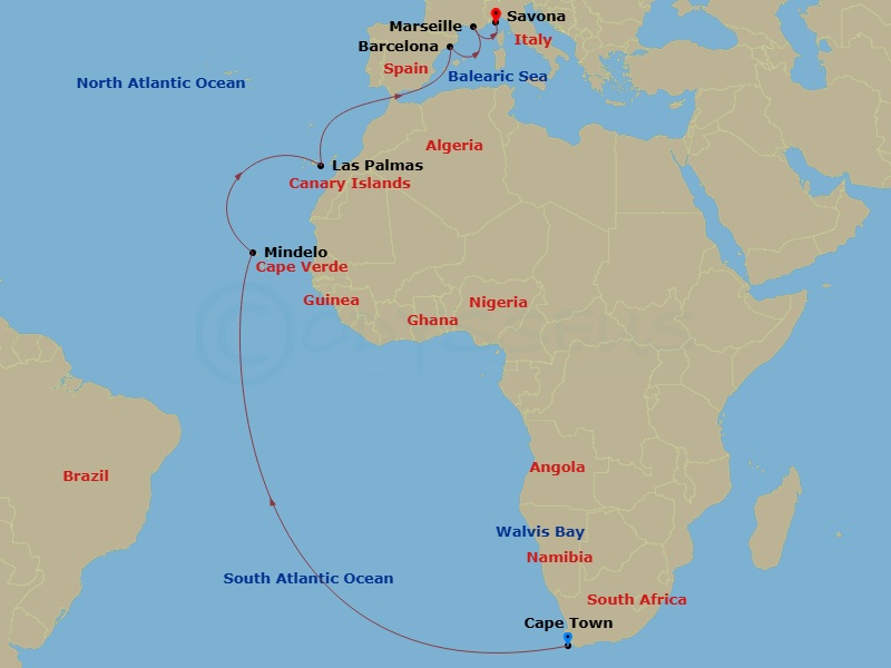 19 Night - Round World from Cape Town - Costa Deliziosa - Starting in Cape Town, Walvis Bay, Mindelo (Sao Vicente), Las Palmas (Gran Canaria), Barcelona, Marseille, Savona itinerary map
