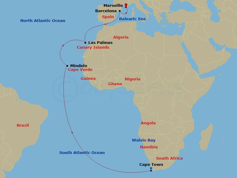 18 Night - Round World from Cape Town - Costa Deliziosa - Starting in Cape Town, Walvis Bay, Mindelo (Sao Vicente), Las Palmas (Gran Canaria), Barcelona, Marseille itinerary map
