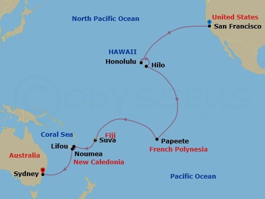 26 Night - Round World from San Francisco - Costa Deliziosa - Starting in San Francisco, Honolulu, Hilo, Papeete (Tahiti), Suva, Lifou (Loyalty Islands), Noumea, Sydney AU itinerary map