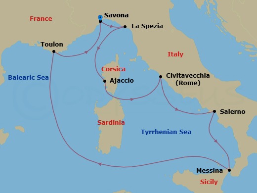 8 Night - Mediterranean Roundtrip from Savona - Costa Fascinosa - Starting in Savona, La Spezia (Florence), Ajaccio (Corsica), Civitavecchia (Rome), Salerno (Amalfi Coast), Messina (Taormina), La Seyne (St Tropez), Savona itinerary map