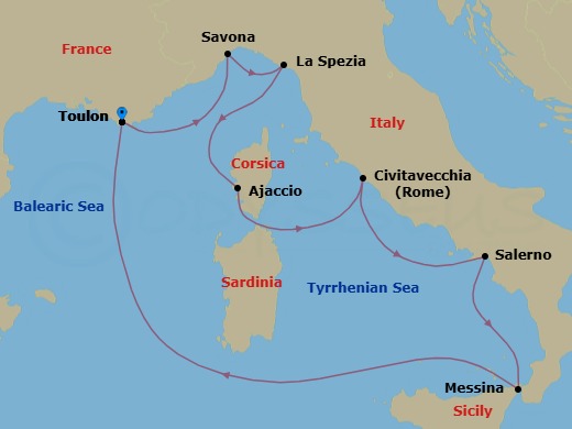 8 Night - Mediterranean Roundtrip from Toulon - Costa Fascinosa - Starting in La Seyne (St Tropez), Savona, La Spezia (Florence), Ajaccio (Corsica), Civitavecchia (Rome), Salerno (Amalfi Coast), Messina (Taormina), La Seyne (St Tropez) itinerary map