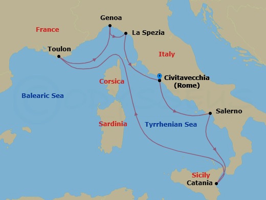 8 Night - Western Mediterranean Roundtrip from Rome (Civitavecchia) - Costa Fascinosa - Starting in Civitavecchia (Rome), Salerno (Amalfi Coast), Catania, La Seyne (St Tropez), Savona, La Spezia (Florence), Ajaccio (Corsica), Civitavecchia (Rome) itinerary map