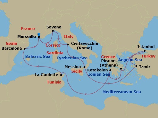 14 Night - Western Mediterranean Roundtrip from Marseille - Costa Favolosa - Starting in Marseille, Savona, Civitavecchia (Rome), Messina (Taormina), Izmir, Istanbul, Piraeus (Athens), Katakolon (Olympia), La Goulette (Tunis), Barcelona, Marseille itinerary map