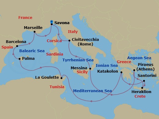 14 Night - Mediterranean Roundtrip from Savona - Costa Favolosa - Starting in Savona, Civitavecchia (Rome), Messina (Taormina), Piraeus (Athens), Heraklion (Crete), Thira (Santorini), Katakolon (Olympia), La Goulette (Tunis), Palma De Mallorca, Barcelona, Marseille, Savona itinerary map