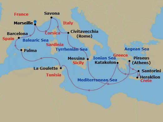14 Night - Western Mediterranean Roundtrip from Marseille - Costa Favolosa - Starting in Marseille, Savona, Civitavecchia (Rome), Messina (Taormina), Piraeus (Athens), Heraklion (Crete), Thira (Santorini), Katakolon (Olympia), La Goulette (Tunis), Palma De Mallorca, Barcelona, Marseille itinerary map