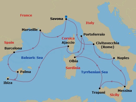 14 Night - Mediterranean Roundtrip from Savona - Costa Favolosa - Starting in Savona, Civitavecchia (Rome), Naples, Messina (Taormina), Trapani, Olbia (costa Smeralda), Portoferraio, Ajaccio (Corsica), Ibiza, Palma De Mallorca, Barcelona, Marseille, Savona itinerary map