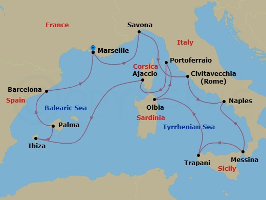 14 Night - Western Mediterranean Roundtrip from Marseille - Costa Favolosa - Starting in Marseille, Savona, Civitavecchia (Rome), Naples, Messina (Taormina), Trapani, Olbia (costa Smeralda), Portoferraio, Ajaccio (Corsica), Ibiza, Palma De Mallorca, Barcelona, Marseille itinerary map