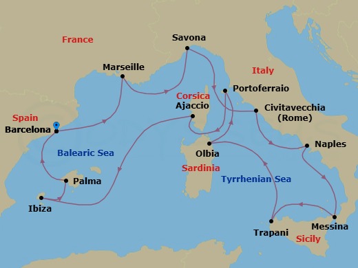 14 Night - Southern Europe Roundtrip from Barcelona - Costa Favolosa - Starting in Barcelona, Marseille, Savona, Civitavecchia (Rome), Naples, Messina (Taormina), Trapani, Olbia (costa Smeralda), Portoferraio, Ajaccio (Corsica), Ibiza, Palma De Mallorca, Barcelona itinerary map