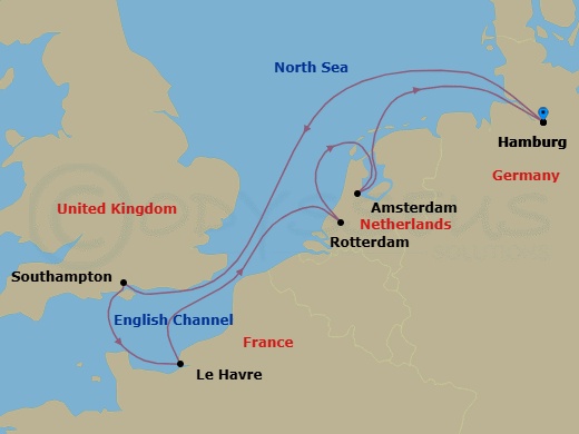 7 Night - Cruise Roundtrip from Hamburg - Costa Favolosa - Starting in Hamburg, Southampton (London), Le Havre, Rotterdam, Amsterdam, Hamburg itinerary map