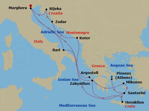 14 Night - Eastern Mediterranean from Athens (Pireo) - Costa Deliziosa - Starting in Piraeus (Athens), Thira (Santorini), Heraklion (Crete), Zakynthos, Kotor, Zadar, Rijeka, Marghera (Venice), Bari, Thira (Santorini), Mykonos, Argostoli (Cephalonia), Marghera (Venice) itinerary map