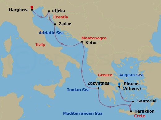 7 Night - Eastern Mediterranean from Athens (Pireo) - Costa Deliziosa - Starting in Piraeus (Athens), Thira (Santorini), Heraklion (Crete), Zakynthos, Kotor, Zadar, Rijeka, Marghera (Venice) itinerary map