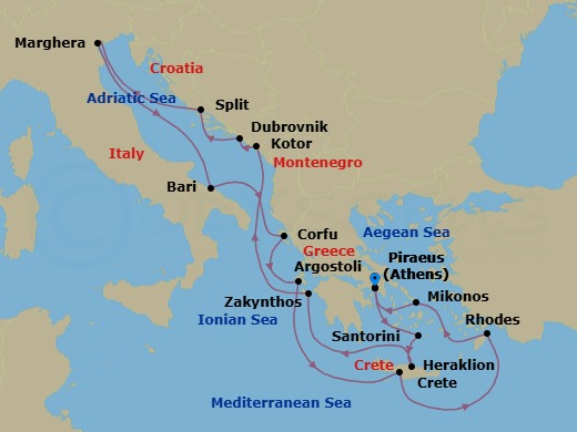 14 Night - Eastern Mediterranean from Athens (Pireo) - Costa Deliziosa - Starting in Piraeus (Athens), Thira (Santorini), Heraklion (Crete), Zakynthos, Kotor, Dubrovnik, Croatia, Split, Marghera (Venice), Bari, Corfu, Argostoli (Cephalonia), Souda Bay (Crete), Rhodes, Mykonos, Piraeus (Athens) itinerary map