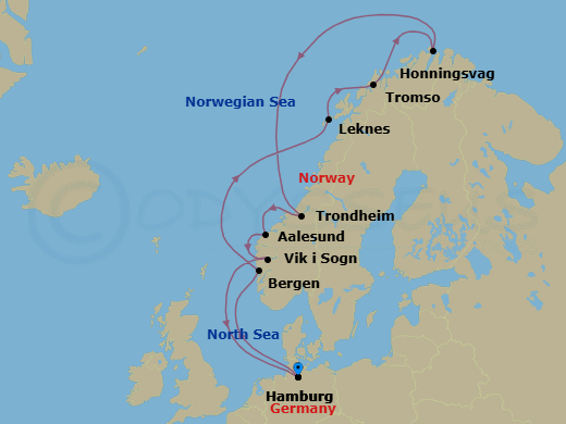 12 Night - Norway Roundtrip from Hamburg - Costa Favolosa - Starting in Hamburg, Bergen, Leknes (Lofoten Islands), Tromso, Honningsvag (North Cape), Trondheim, Alesund, Vik-Sogn (Sognefjord), Hamburg itinerary map