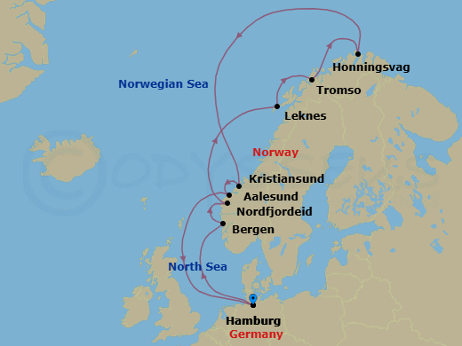 12 Night - Norway Roundtrip from Hamburg - Costa Favolosa - Starting in Hamburg, Bergen, Nordfjordeid, Leknes (Lofoten Islands), Tromso, Honningsvag (North Cape), Kristiansund, Alesund, Hamburg itinerary map