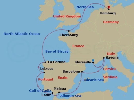 12 Night - Southern Europe from Marseille to Hamburg - Costa Favolosa - Starting in Marseille, Savona, Barcelona, Malaga, Cadiz, Leixoes (Porto), La Coruna (Santiago de Compostela), Cherbourg (Mont Saint-Michel), Hamburg itinerary map