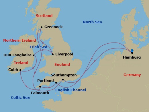 11 Night - Cruise Roundtrip from Hamburg - Costa Favolosa - Starting in Hamburg, Portland UK (Dorset), Falmouth (Cornwall), Cobh (Cork), Dun Laoghaire (Dublin), Liverpool, Greenock (Glasgow), Southampton (London), Hamburg itinerary map