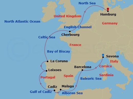 11 Night - Southern Europe from Savona to Hamburg - Costa Favolosa - Starting in Savona, Barcelona, Malaga, Cadiz, Leixoes (Porto), La Coruna (Santiago de Compostela), Cherbourg (Mont Saint-Michel), Hamburg itinerary map