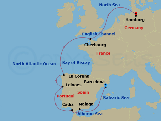 10 Night - Southern Europe from Barcelona to Hamburg - Costa Favolosa - Starting in Barcelona, Malaga, Cadiz, Leixoes (Porto), La Coruna (Santiago de Compostela), Cherbourg (Mont Saint-Michel), Hamburg itinerary map