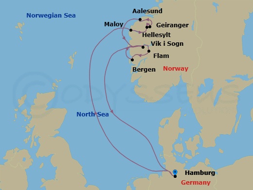 9 Night - Norway Roundtrip from Hamburg - Costa Favolosa - Starting in Hamburg, Maloy, Hellesylt, Norway, Geiranger, Norway, Alesund, Flam, Norway, Bergen, Vik-Sogn (Sognefjord), Hamburg itinerary map