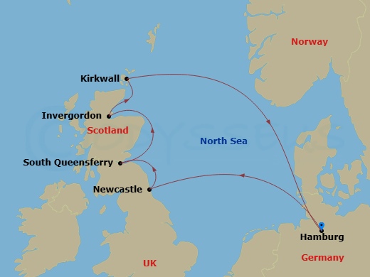 7 Night - Southern Europe Roundtrip from Hamburg - Costa Favolosa - Starting in Hamburg, Newcastle upon Tyne, South Queensferry, UK, Invergordon (Inverness), Kirkwall (Orkney), Hamburg itinerary map
