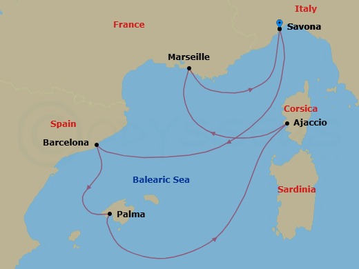6 Night - Mediterranean Roundtrip from Savona - Costa Favolosa - Starting in Savona, Barcelona, Palma De Mallorca, Ajaccio (Corsica), Marseille, Savona itinerary map