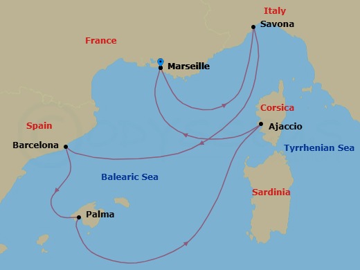 6 Night - Western Mediterranean Roundtrip from Marseille - Costa Favolosa - Starting in Marseille, Savona, Barcelona, Palma De Mallorca, Ajaccio (Corsica), Marseille itinerary map