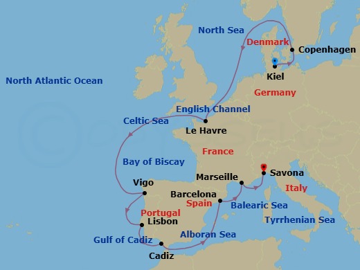 12 Night - Europe from Kiel to Savona - Costa Diadema - Starting in Kiel, Copenhagen, Le Havre, Vigo, Lisbon, Cadiz, Barcelona, Marseille, Savona itinerary map