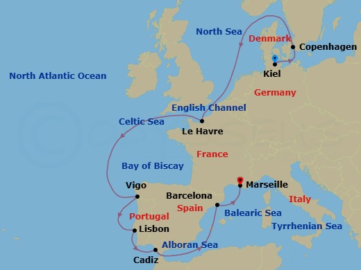 11 Night - Europe from Kiel to Marseille - Costa Diadema - Starting in Kiel, Copenhagen, Le Havre, Vigo, Lisbon, Cadiz, Barcelona, Marseille itinerary map