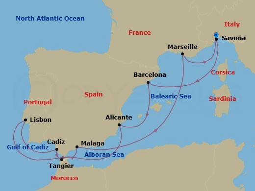 10 Night - Mediterranean Roundtrip from Savona - Costa Diadema - Starting in Savona, Barcelona, Alicante, Lisbon, Cadiz, Tangier, Malaga, Marseille, Savona itinerary map