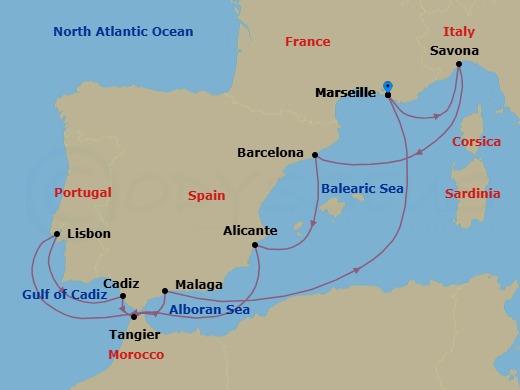 10 Night - Western Mediterranean Roundtrip from Marseille - Costa Diadema - Starting in Marseille, Savona, Barcelona, Alicante, Lisbon, Cadiz, Tangier, Malaga, Marseille itinerary map