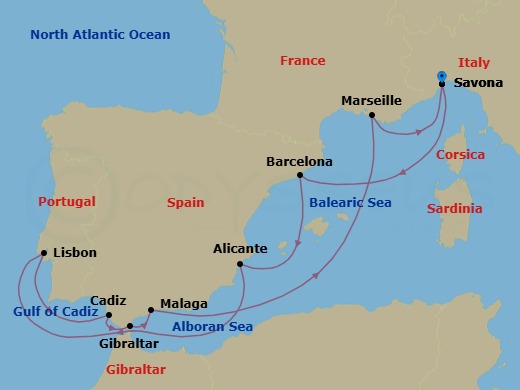 10 Night - Mediterranean Roundtrip from Savona - Costa Diadema - Starting in Savona, Barcelona, Alicante, Lisbon, Cadiz, Gibraltar, Malaga, Marseille, Savona itinerary map