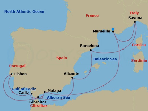 10 Night - Western Mediterranean Roundtrip from Marseille - Costa Diadema - Starting in Marseille, Savona, Barcelona, Alicante, Lisbon, Cadiz, Gibraltar, Malaga, Marseille itinerary map