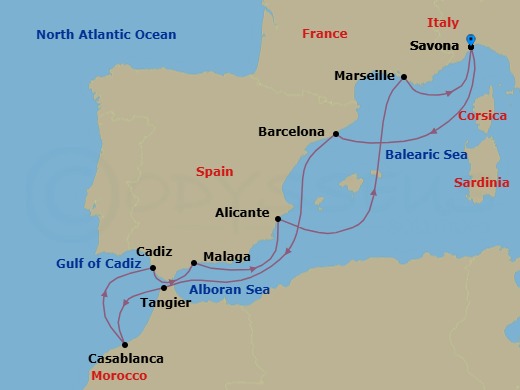10 Night - Mediterranean Roundtrip from Savona - Costa Diadema - Starting in Savona, Barcelona, Tangier, Casablanca, Cadiz, Malaga, Alicante, Marseille, Savona itinerary map