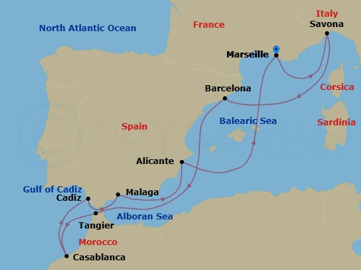 10 Night - Western Mediterranean Roundtrip from Marseille - Costa Diadema - Starting in Marseille, Savona, Barcelona, Tangier, Casablanca, Cadiz, Malaga, Alicante, Marseille itinerary map