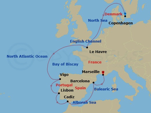 10 Night - Europe from Copenhagen to Marseille - Costa Diadema - Starting in Copenhagen, Le Havre, Vigo, Lisbon, Cadiz, Barcelona, Marseille itinerary map