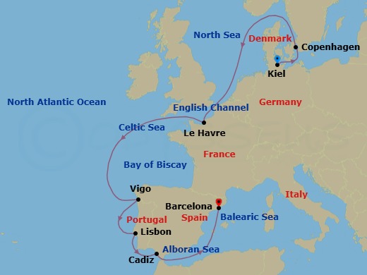 10 Night - Europe from Kiel to Barcelona - Costa Diadema - Starting in Kiel, Copenhagen, Le Havre, Vigo, Lisbon, Cadiz, Barcelona itinerary map