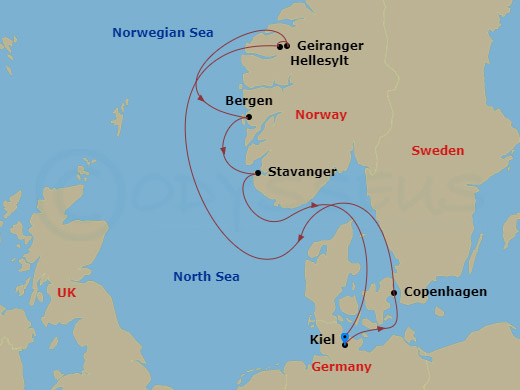7 Night - Western Europe Roundtrip from Kiel - Costa Diadema - Starting in Kiel, Copenhagen, Hellesylt, Norway, Geiranger, Norway, Bergen, Stavanger, Kiel itinerary map