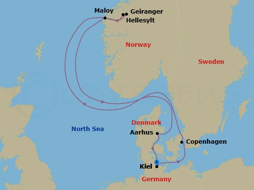 7 Night - Western Europe Roundtrip from Kiel - Costa Diadema - Starting in Kiel, Copenhagen, Hellesylt, Norway, Geiranger, Norway, Maloy, Aarhus, Kiel itinerary map